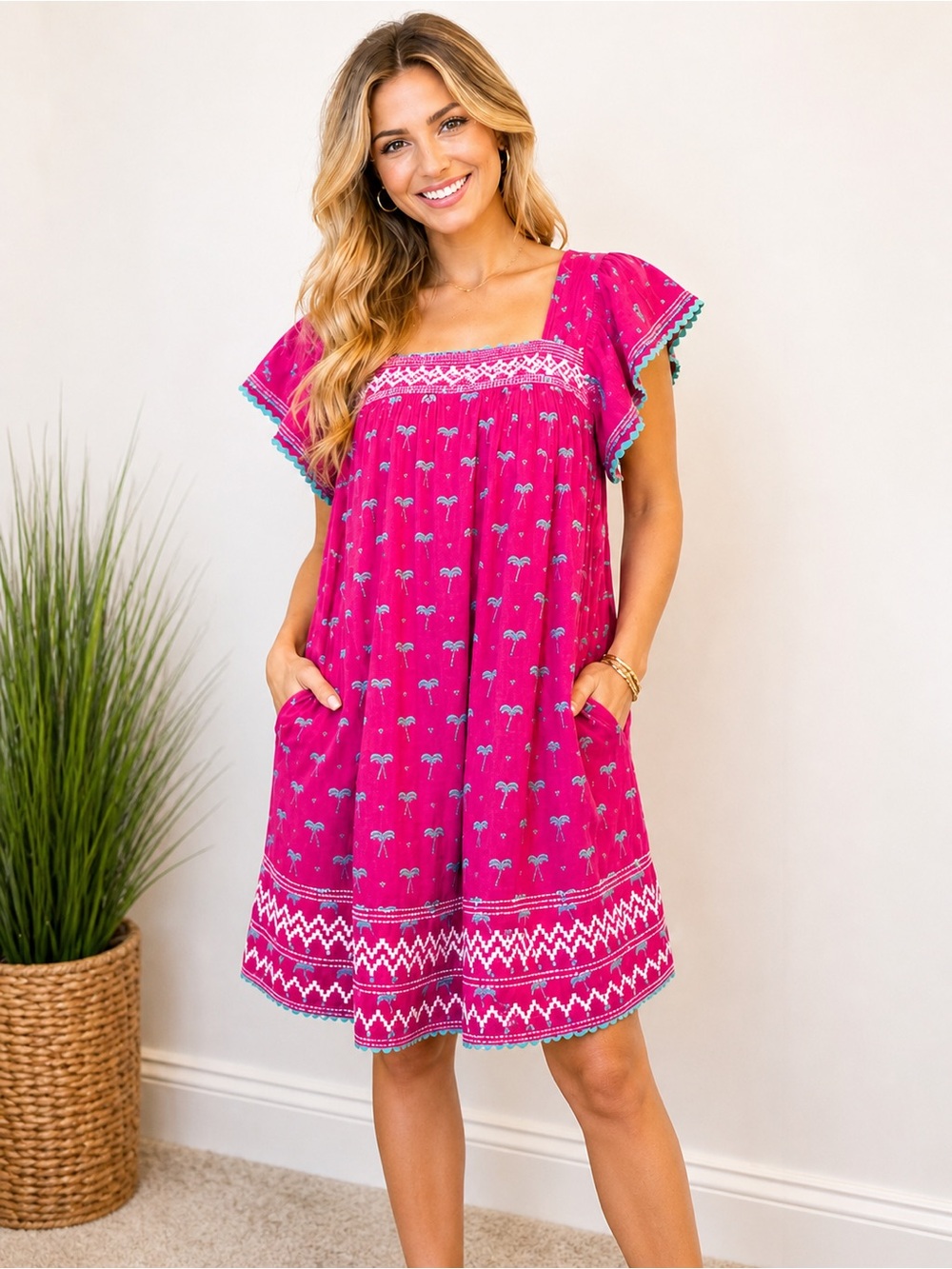 Pink Sandrine Boho Palm Print Mini Dress | Size Medium | Flutter Sleeve